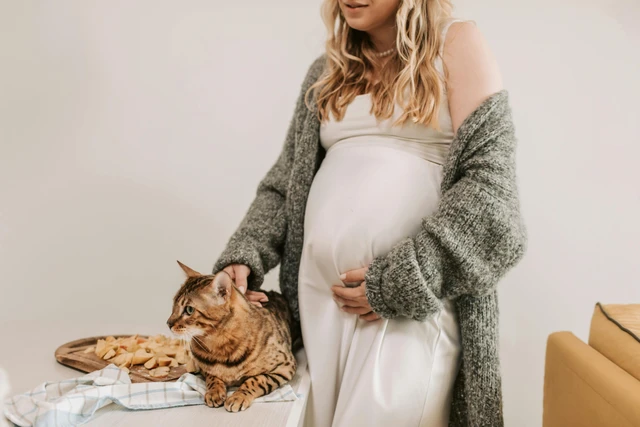 A pregnant woman stands indoors beside a cat in Dubai during a maternity photoshoot with a pet, creating a soft lifestyle portrait at home.