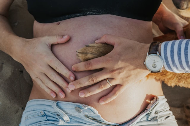Hands rest around a pregnant belly while a dog paw touches the bump in Dubai during a maternity photoshoot with a pet.