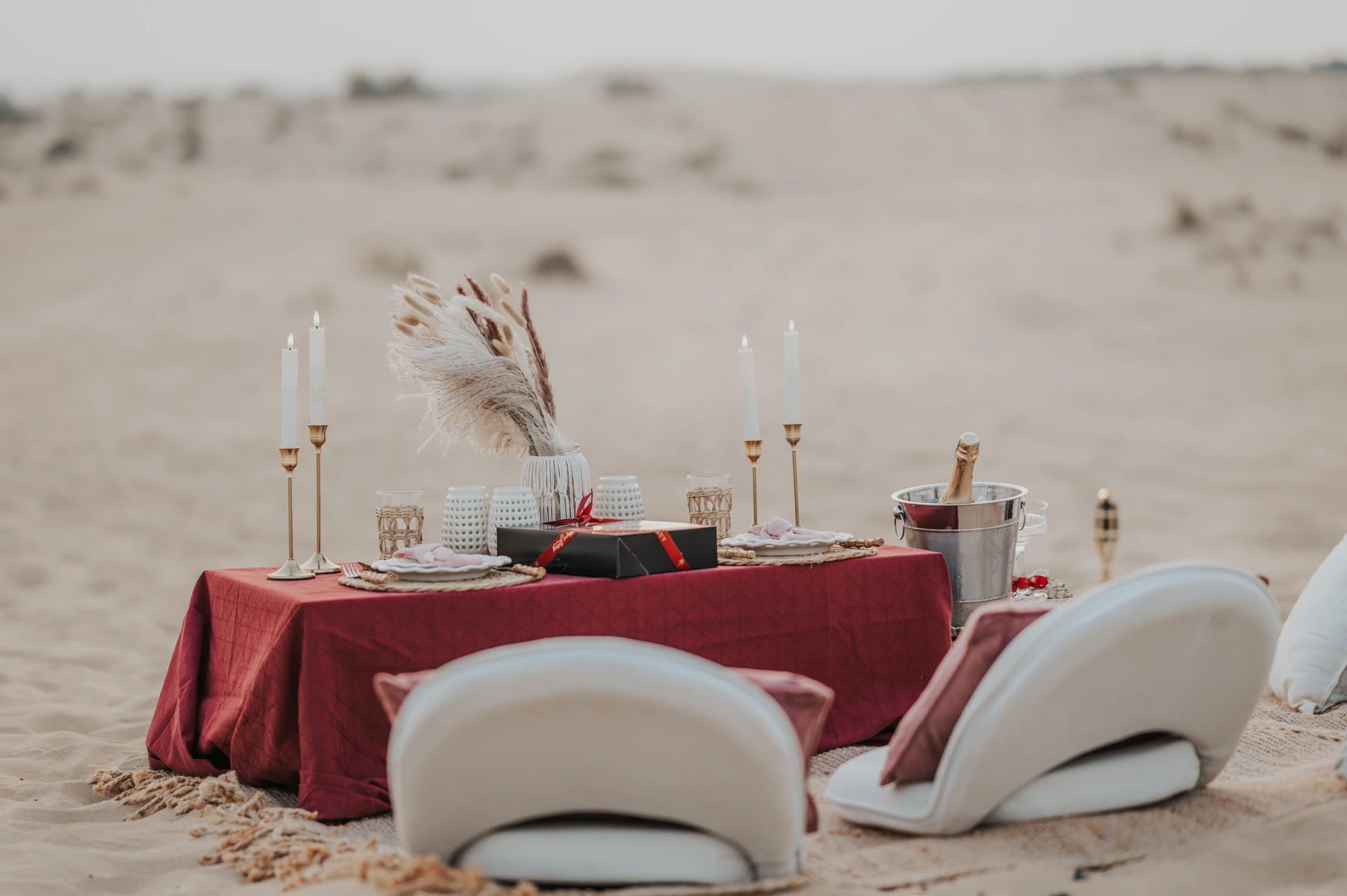 A picnic setup in the Dubai Desert for a proposal