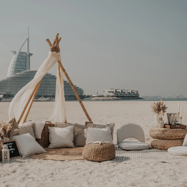 Dubai picnic proposal A couple looking over the water during their picnic proposal in Dubai