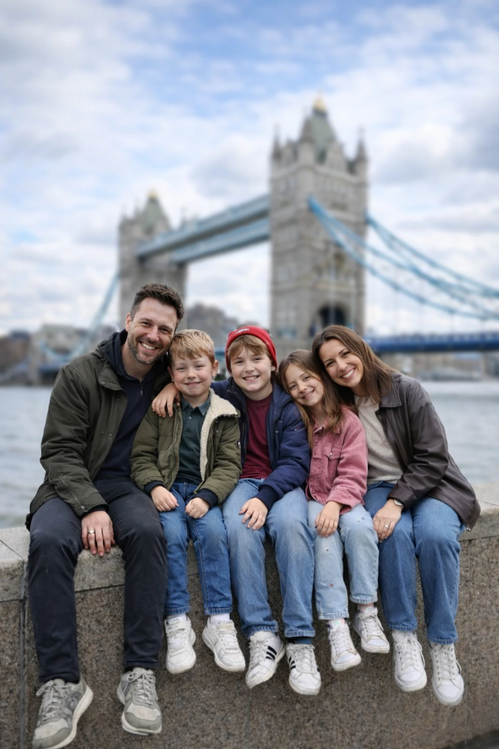 Familia sentada junto al Támesis con el Tower Bridge al fondo