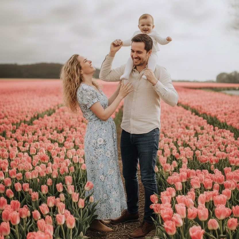 Een fotoshoot van een familie in de tulpenvelden rond Amsterdam