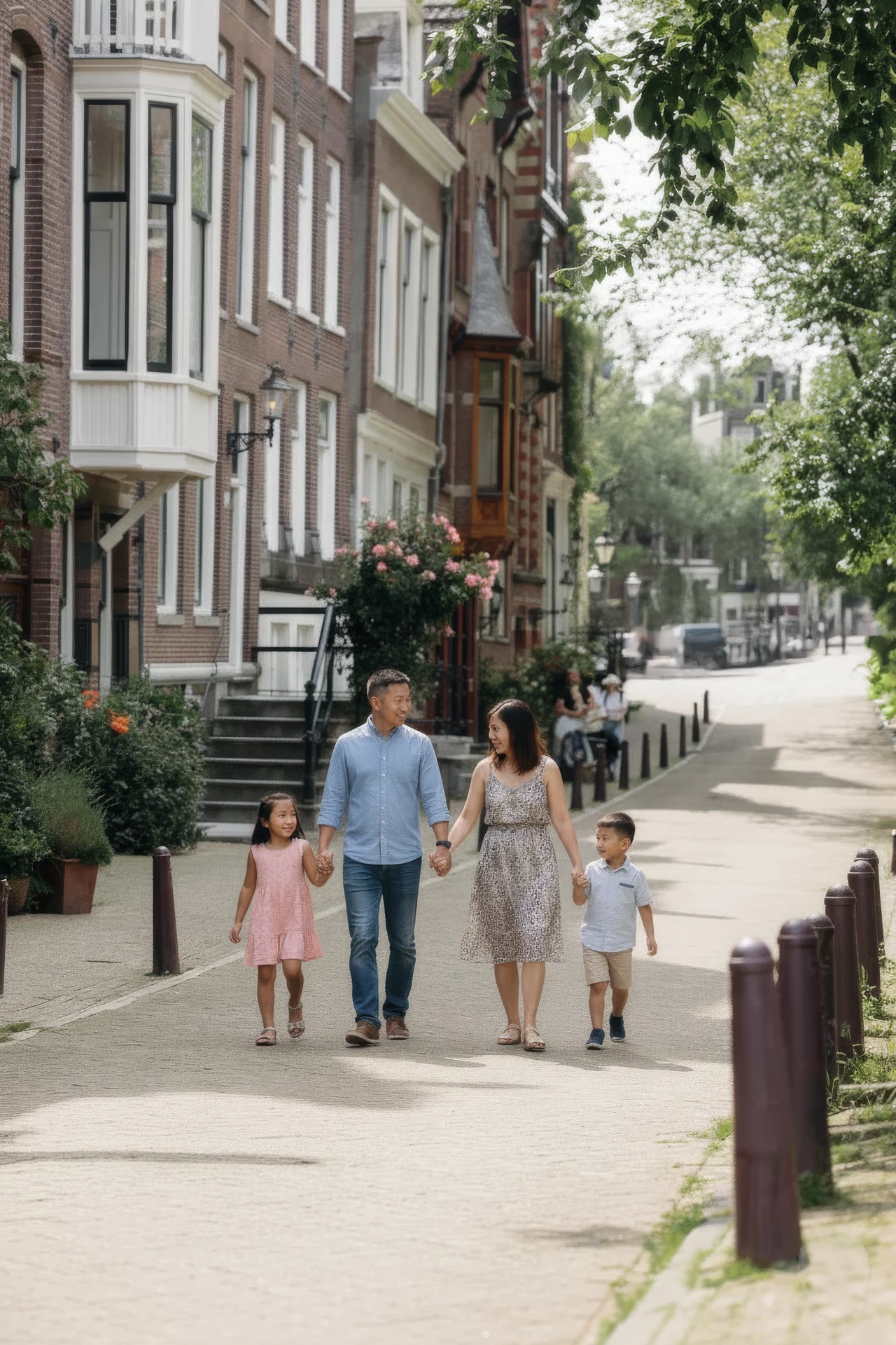 Familie die door de straten van Amsterdam loopt tijdens hun fotoshoot.