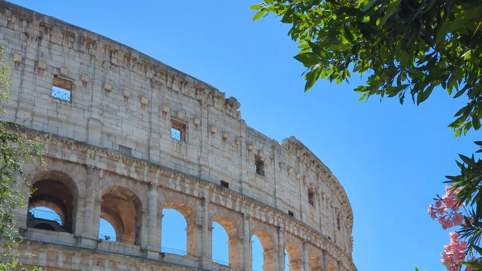 Sunlit arches of the Colosseum rise beneath a clear blue sky, framed by green leaves and pink flowers for a Rome photoshoot.