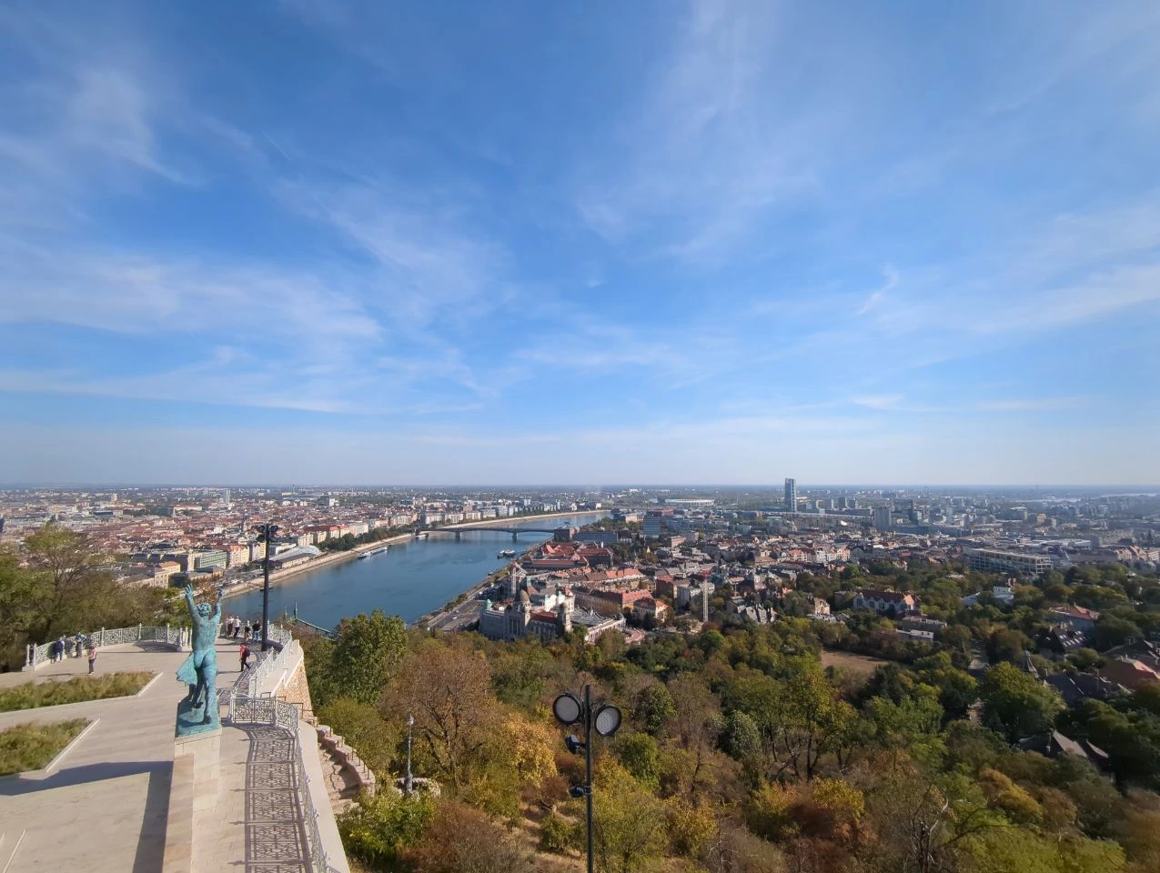 Gellért Hill high terrace panorama High Gellért Hill panorama with a statue, terrace and Danube curving past Budapest