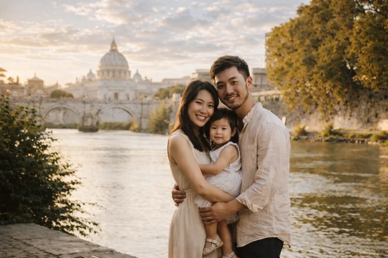 Gezin bij de Tiber met de koepel van de Sint-Pietersbasiliek op de achtergrond Gezin bij de Tiber met de koepel van de Sint-Pietersbasiliek op de achtergrond