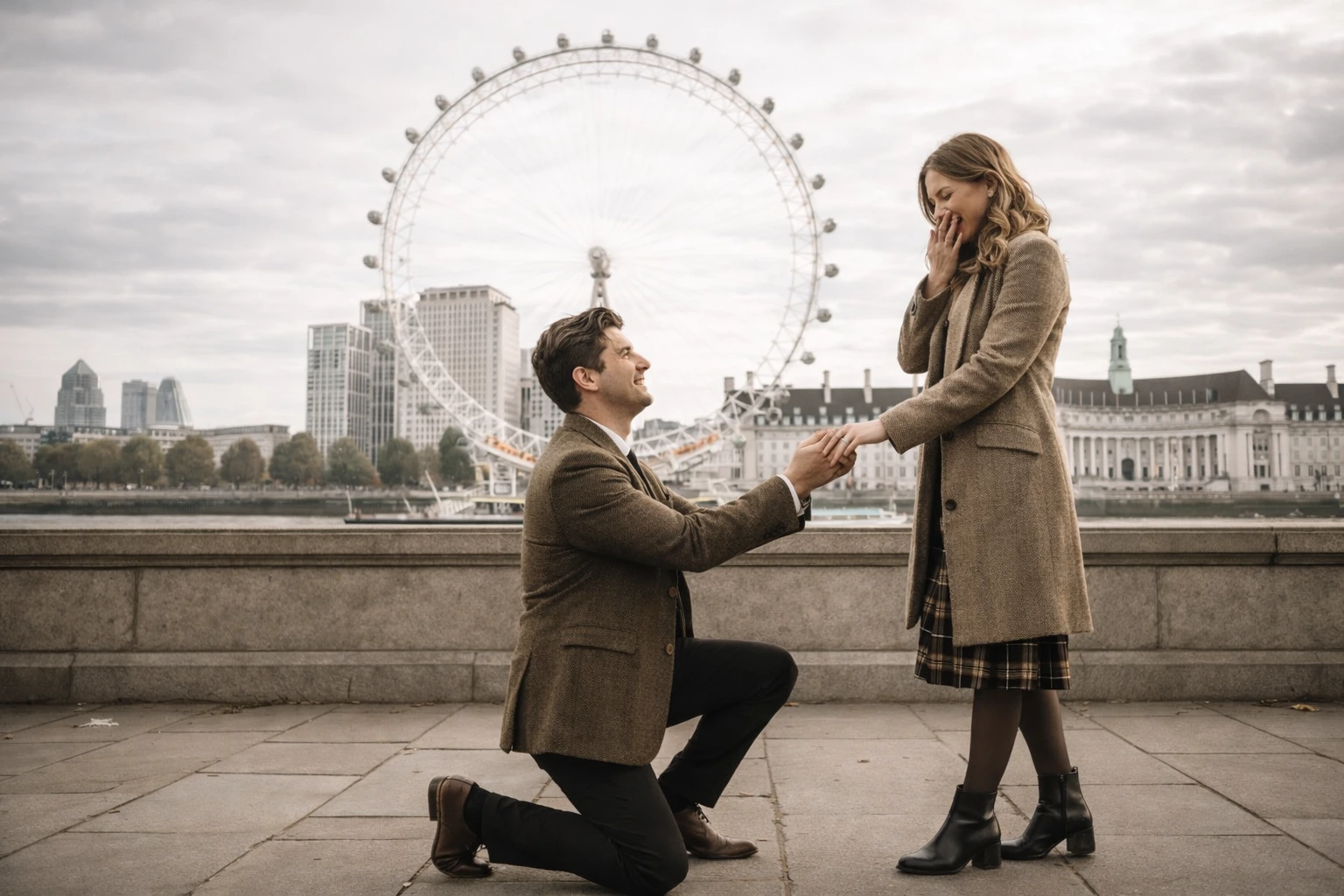 Huwelijksaanzoek langs de Theems met de London Eye op de achtergrond