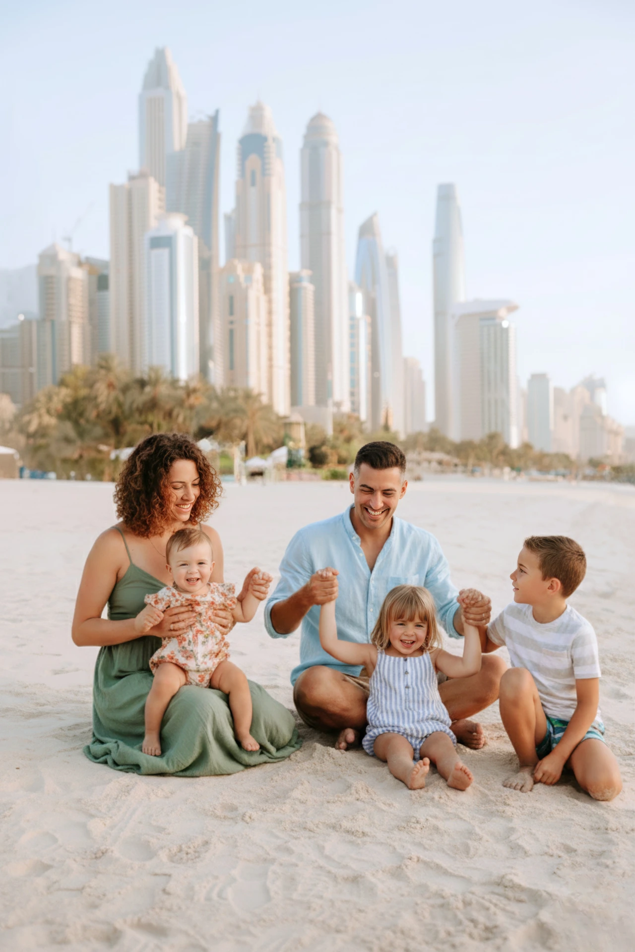 family running down a dune durning a photoshoot in Dubai