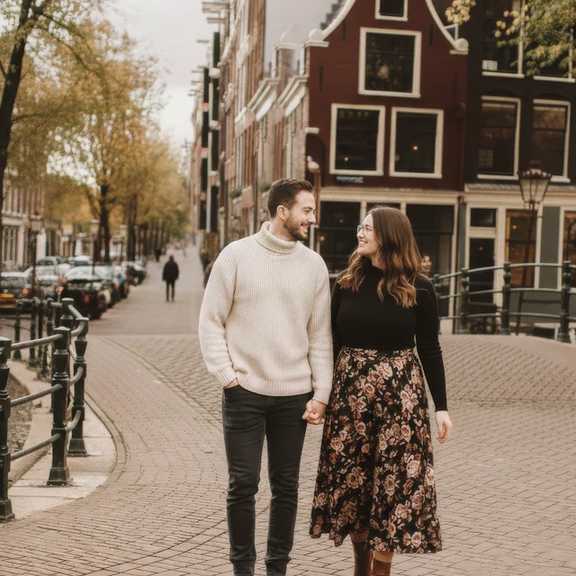 Koppel fotoshoot in Amsterdam Een stel dat door de straten van Amsterdam loopt tijden hun koppel fotoshoot