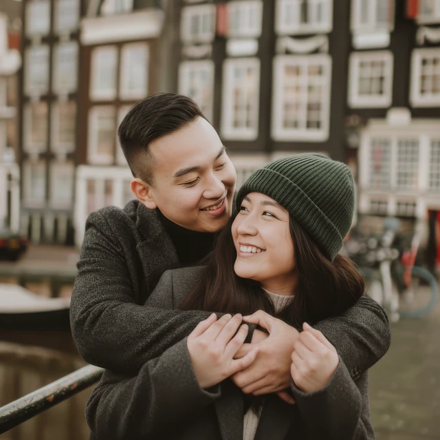 Koppel fotoshoot Amsterdam Een koppel dat lief naar elkaar lacht tijden hun koppel fotoshoot in Amsterdam