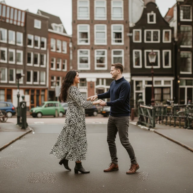 Koppel fotoshoot Amsterdam Een stel dat danst voor de camera tijden een koppel fotoshoot in Amsterdam