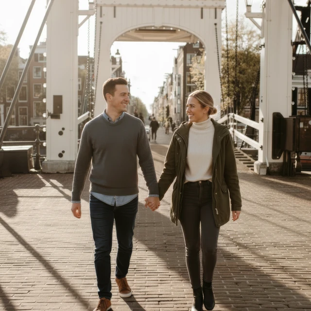 Koppel fotoshoot Amsterdam Een stel dat bij de Magere Brug hand in hand loopt tijden hun koppel fotoshoot in Amsterdam