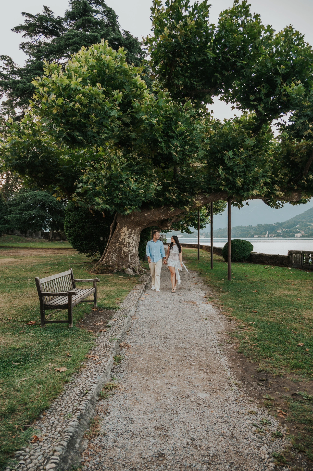 A wide portrait view shows the couple walking beneath a large leafy tree beside the lake during their Lake Como photoshoot at Parco Civico Teresio Olivelli.