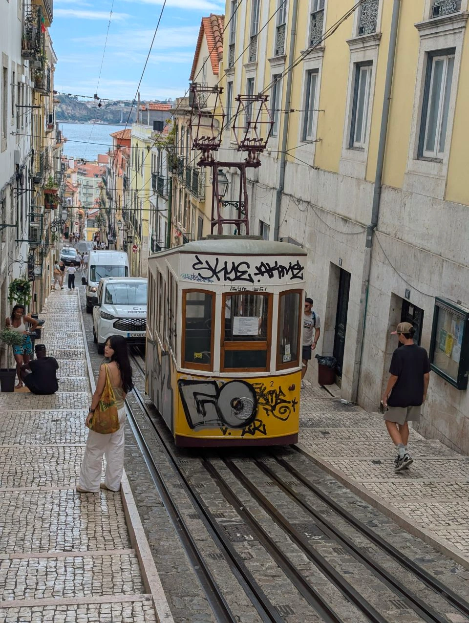 Lisbon Photoshoot Route - Yellow Funicular Street A yellow funicular stands on a steep cobbled Lisbon street, framed by rails, balconies and a view of the river downhill.