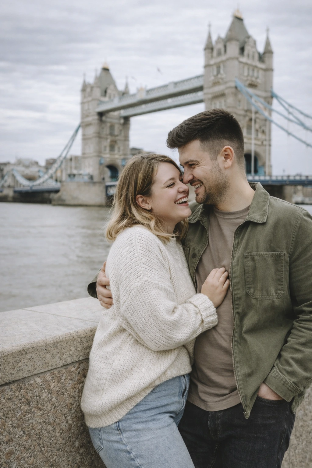 London Proposal Photographer Couple being photographed by a local London photographer right after their proposal, holding their hands showing the diamond with the Tower Bridge in the background.