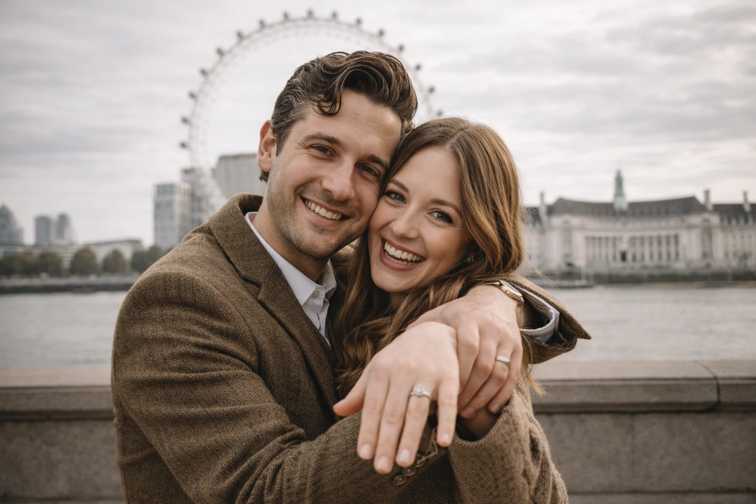 London Proposal Photographer Couple being photographed by a London proposal photographer while they are in front of the Tower Bridge in London.