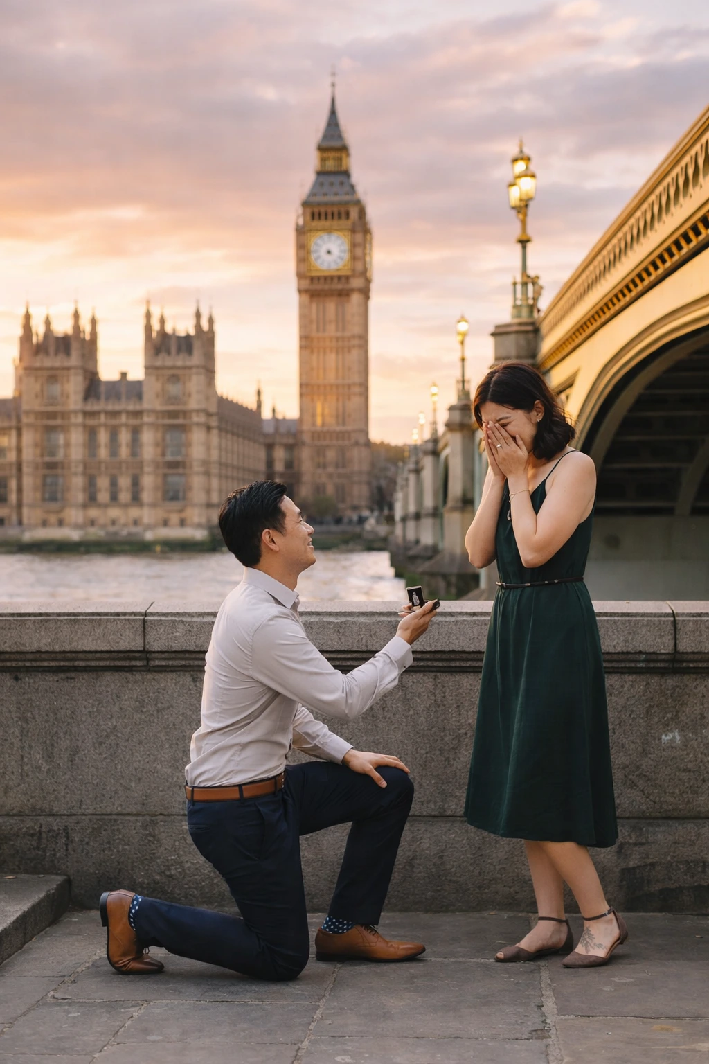 London proposal photographer A couple being photographed with London Marina in the background while the guy proposes to his girlfriend.