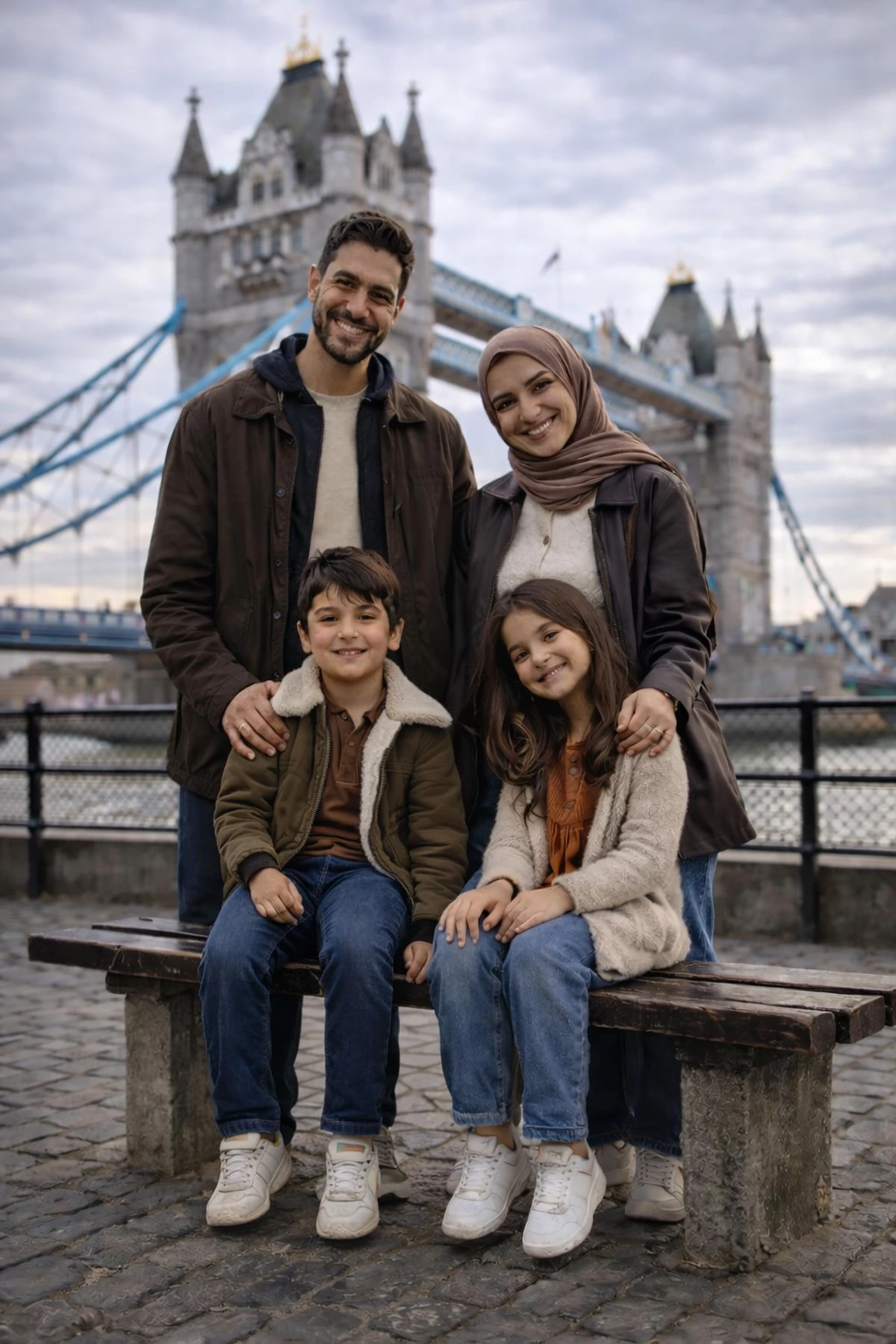 Czteroosobowa rodzina siedzi w pobliżu Tower Bridge
