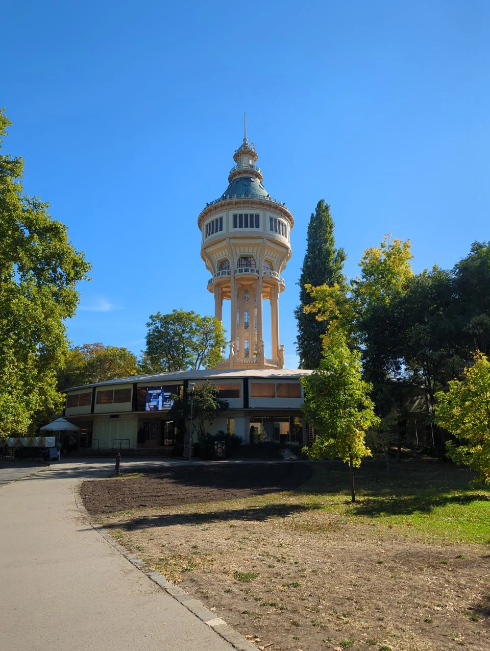 Margaret Island Water Tower rising above the open-air theatre entrance
