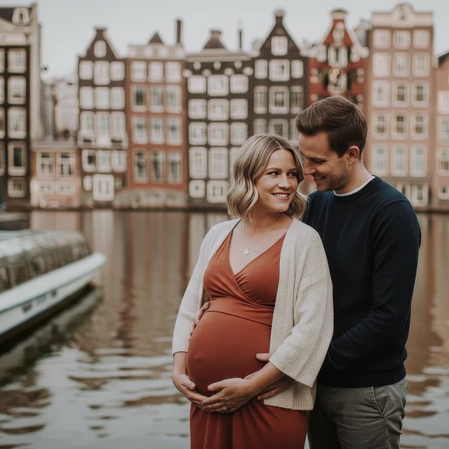Maternity photoshoot Amsterdam A couple smiling at each other during a maternity photoshoot in Amsterdam, with canals and classic city views.