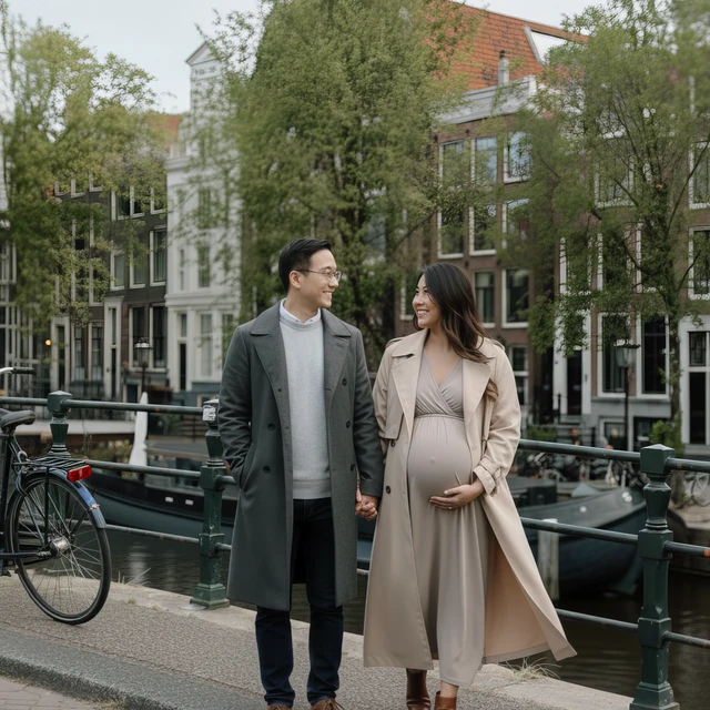 Maternity photoshoot Amsterdam A couple smiling at each other during a maternity photoshoot in Amsterdam, with canals and classic city views.