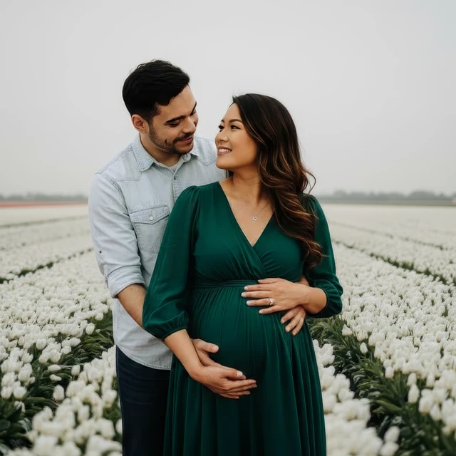 Maternity photoshoot Amsterdam A couple doing a maternity photoshoot in the tulip fields in Amsterdam
