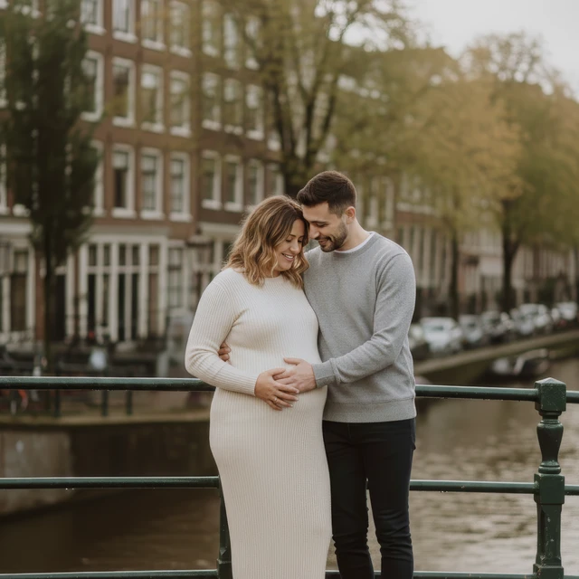 Maternity photoshoot Amsterdam A couple holding the belly of the woman during a maternity photoshoot in Amsterdam on a bridge