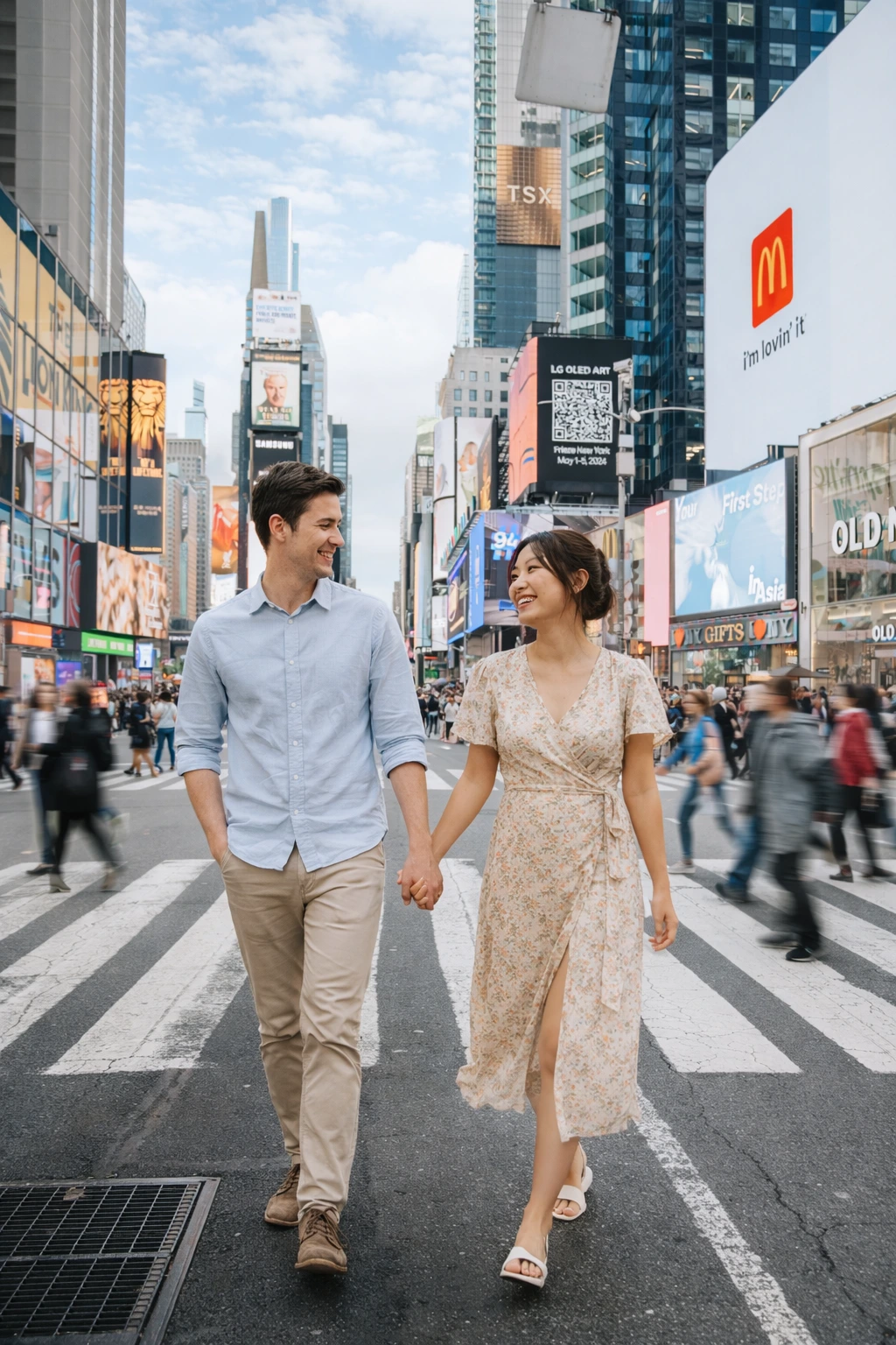 Une séance photo à New York près de Times Square, capturée dans un style naturel et élégant.