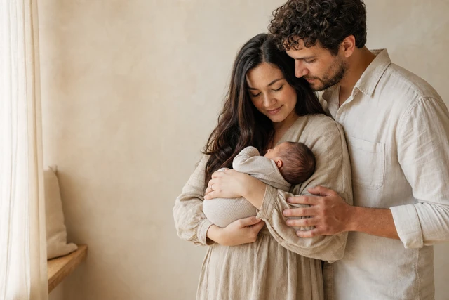 Cadeaux de naissance de dernière minute qui restent personnels Deux parents tiennent leur nouveau-né près d’une fenêtre.