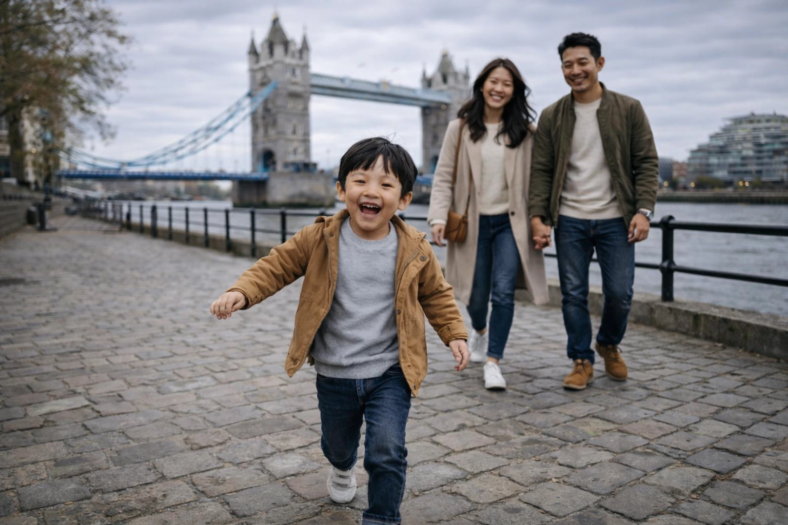 Niño corriendo hacia la cámara con sus padres y el Tower Bridge detrás
