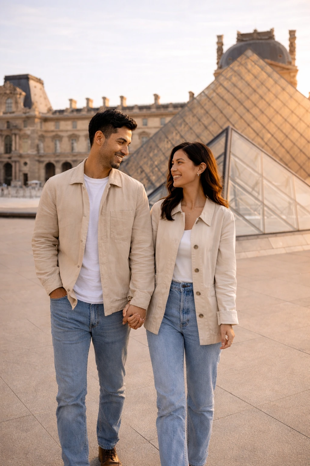 Een stel bij de piramide van het Louvre in Parijs.