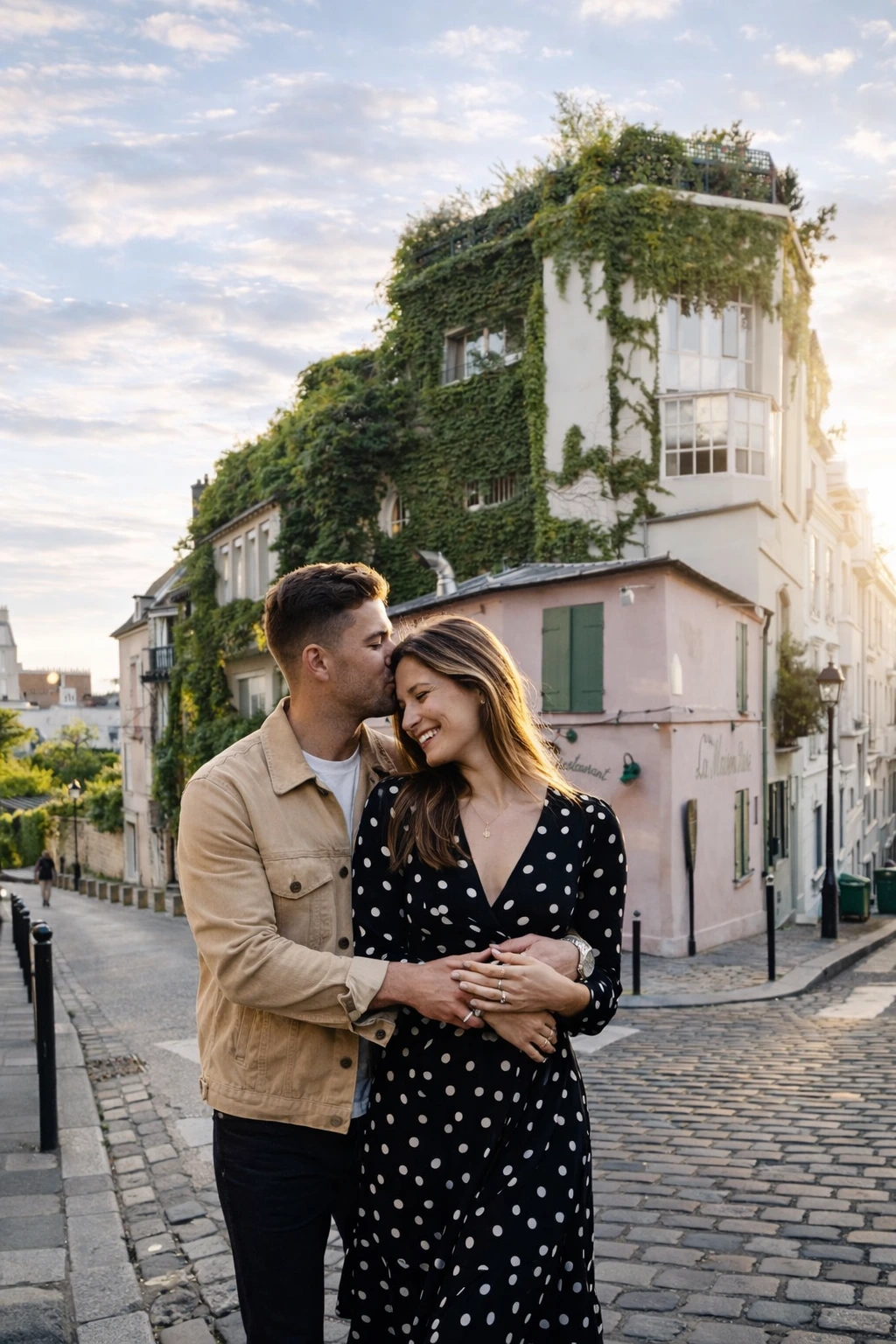 A couple near La Maison Rose in Montmartre, Paris.