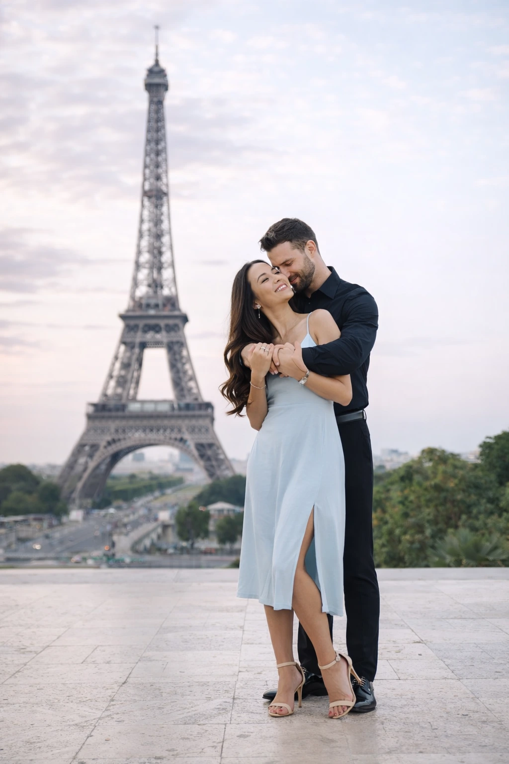 Paris couple 4 A couple photoshoot scene in Paris with natural movement, candid connection, and elegant city surroundings.