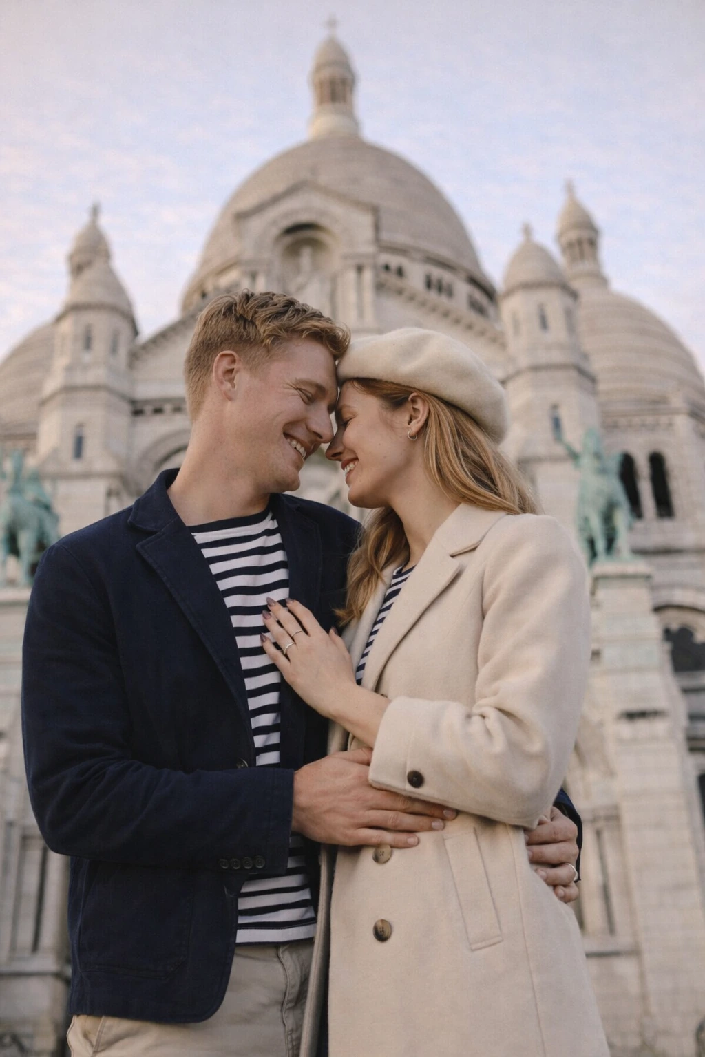 A couple photoshoot scene in Paris with natural movement, candid connection, and elegant city surroundings.