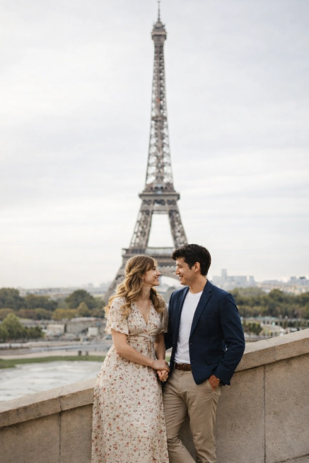 Paris couple 3 A couple photoshoot scene in Paris with natural movement, candid connection, and elegant city surroundings.