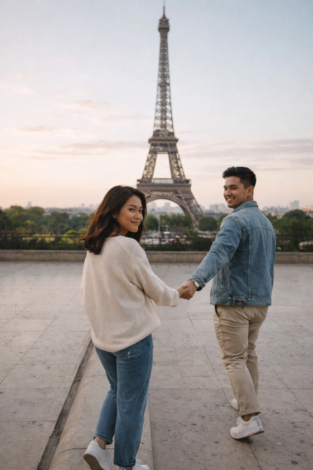 Una pareja con la torre Eiffel de fondo en París.