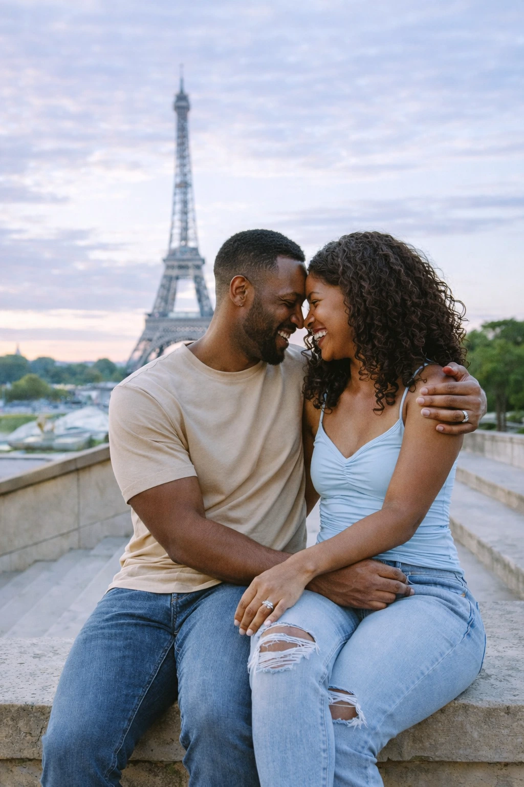 Una pareja con la torre Eiffel de fondo en París.