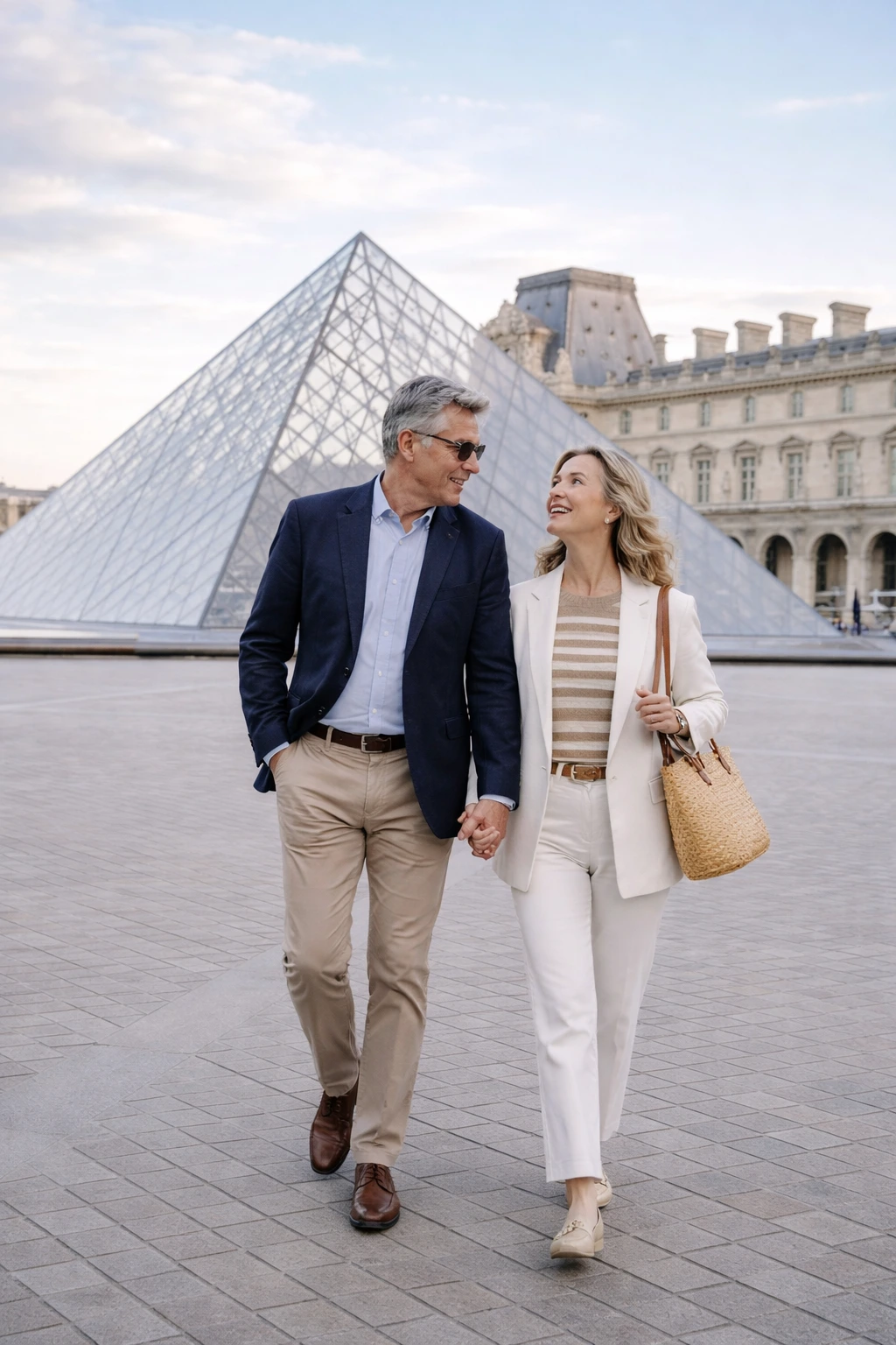 Una pareja junto a la pirámide del Louvre en París.