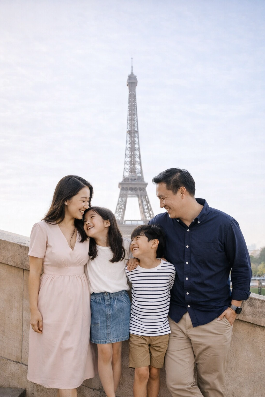 Une famille avec la tour Eiffel en arrière-plan à Paris.