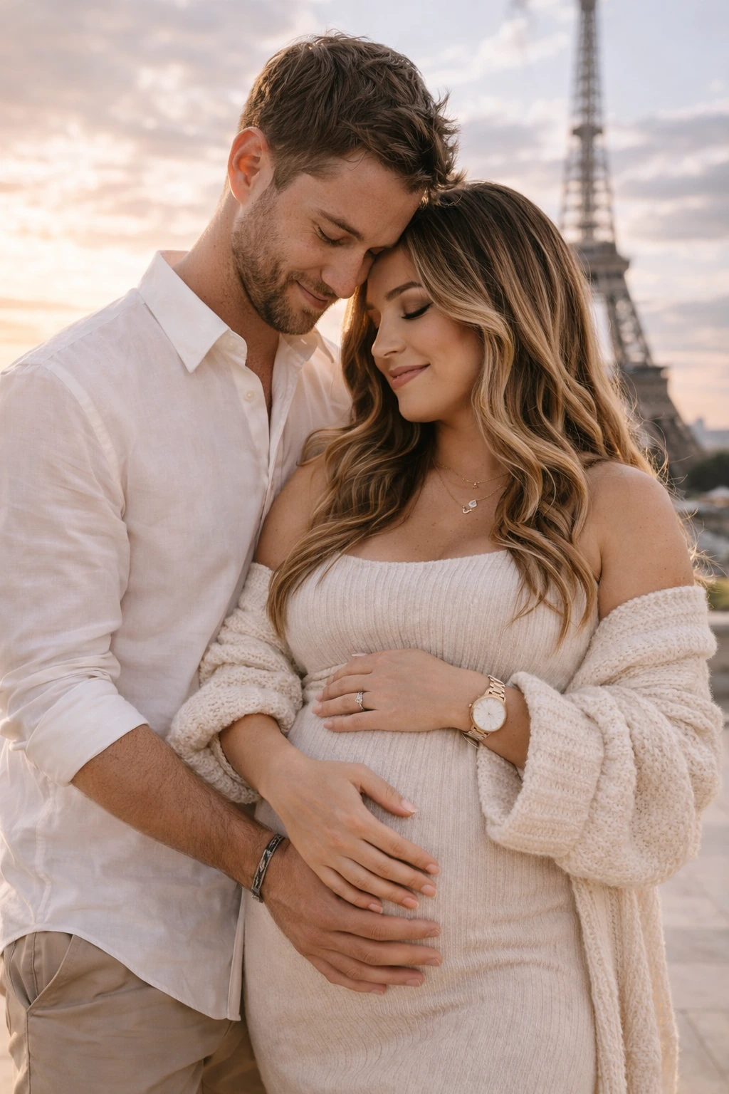 A maternity portrait with the Eiffel Tower in the background in Paris.