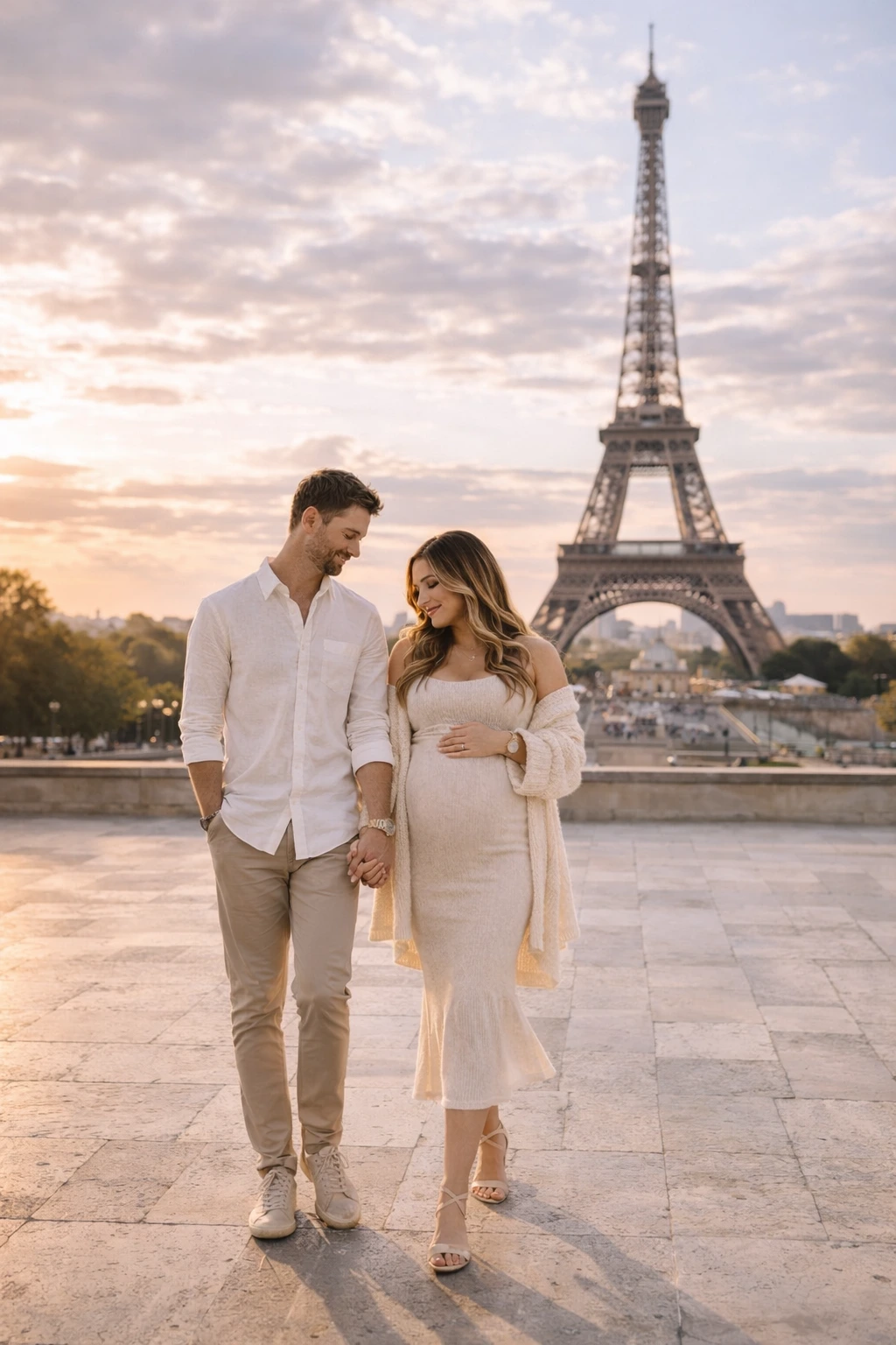 A maternity portrait with the Eiffel Tower in the background in Paris.