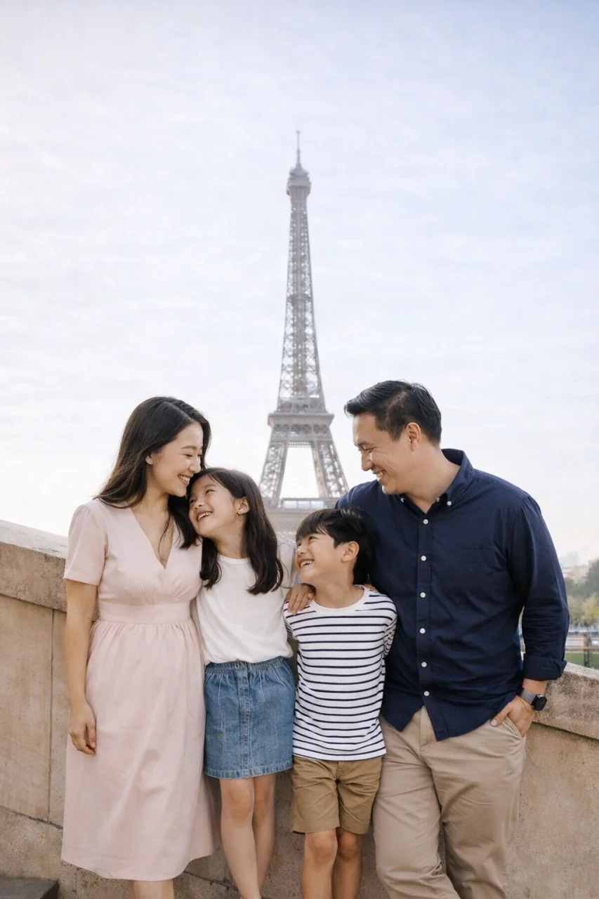 Family of four with the Eiffel Tower in the background in Paris Family of four with the Eiffel Tower in the background in Paris