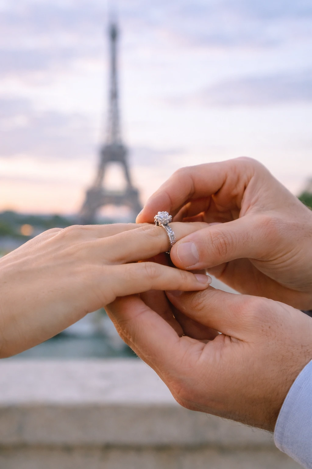 Hands with a ring with the Eiffel Tower in the background in Paris.