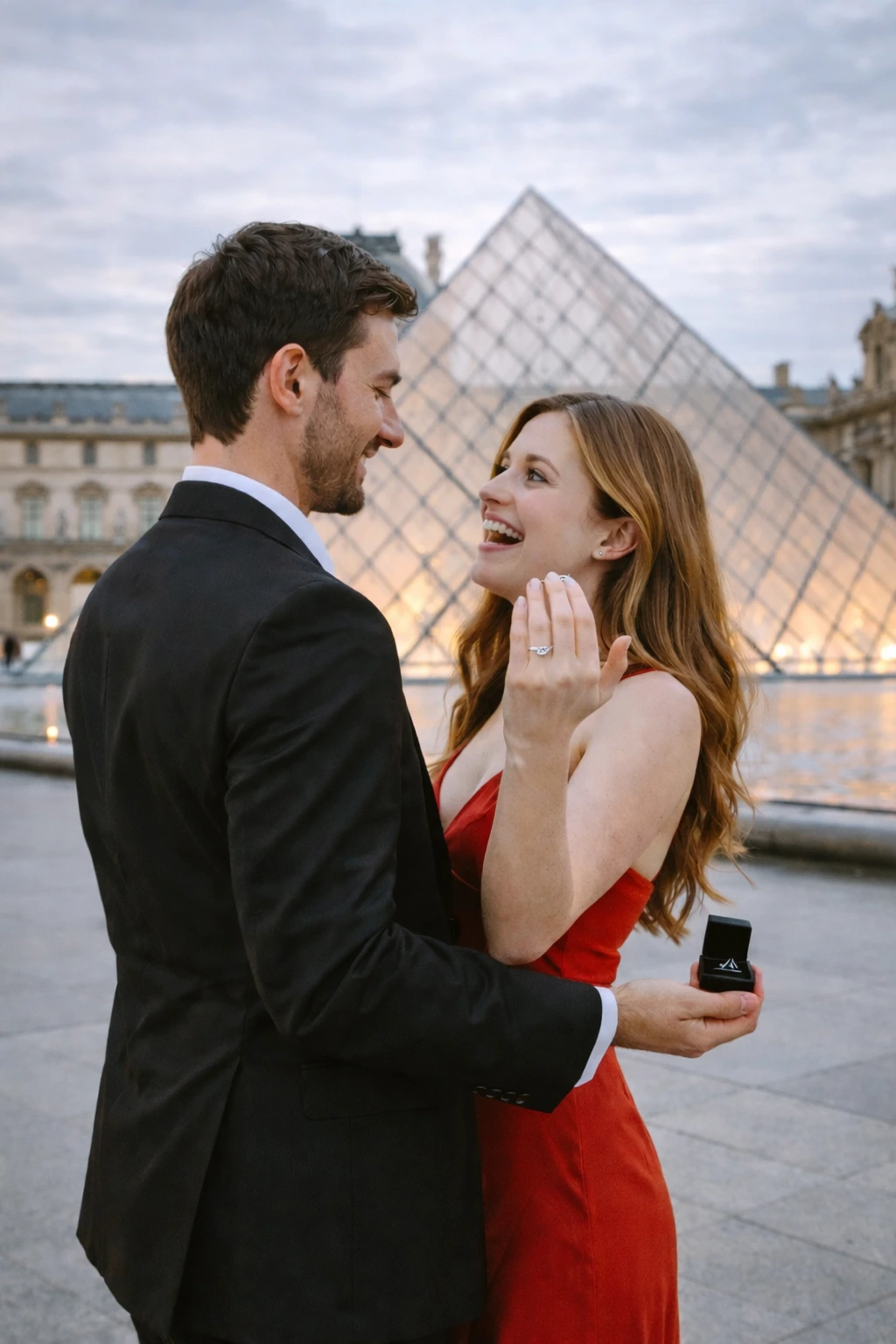A couple beside the Louvre Pyramid in Paris.