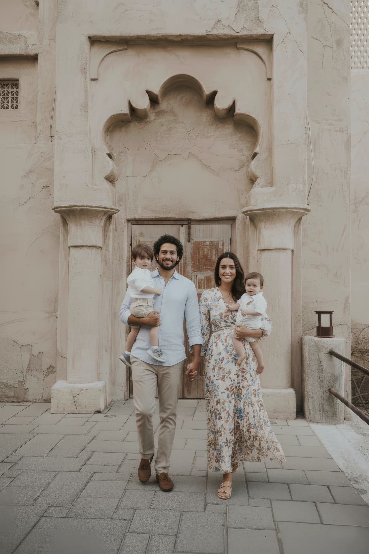 Famille courant le long d’une dune lors d’une séance photo à Dubai.