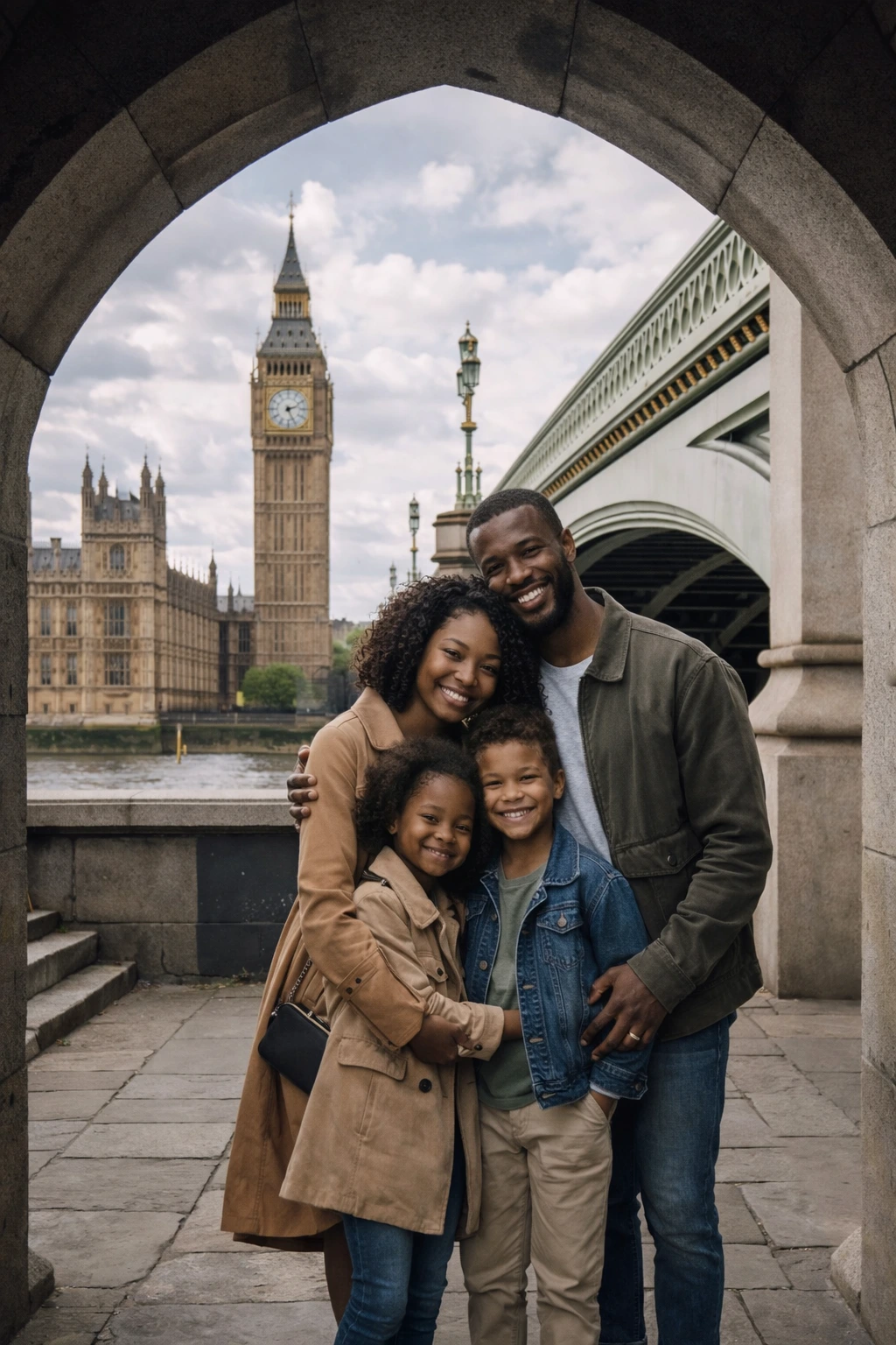 Portret rodzinny nad Tamizą z Big Benem i Westminster Bridge w tle