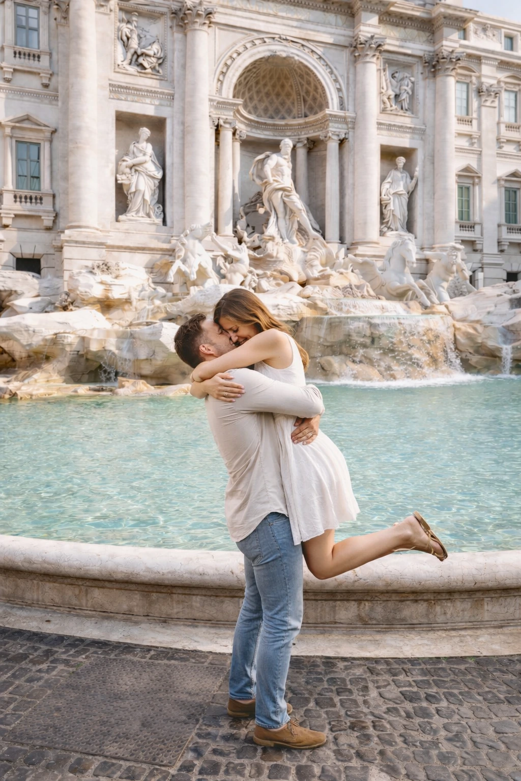 Una pareja durante una sesión de fotos en Roma en Trevi Fountain, capturada con un estilo natural y romántico.