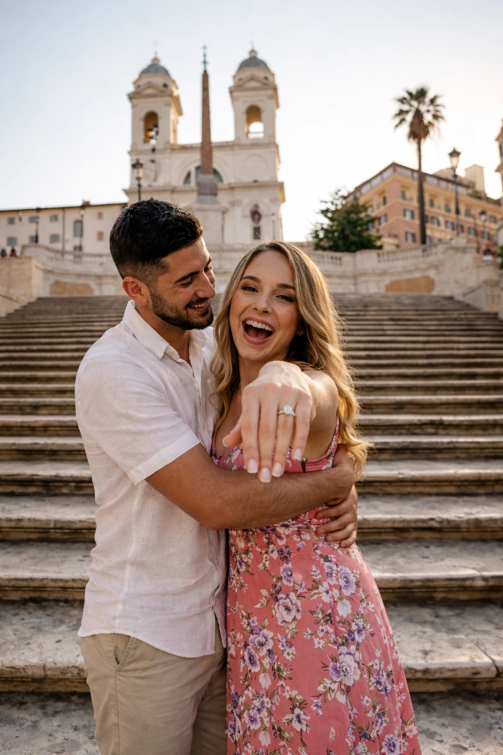 Una pareja durante una sesión de fotos en Roma, capturada con un estilo natural y romántico.