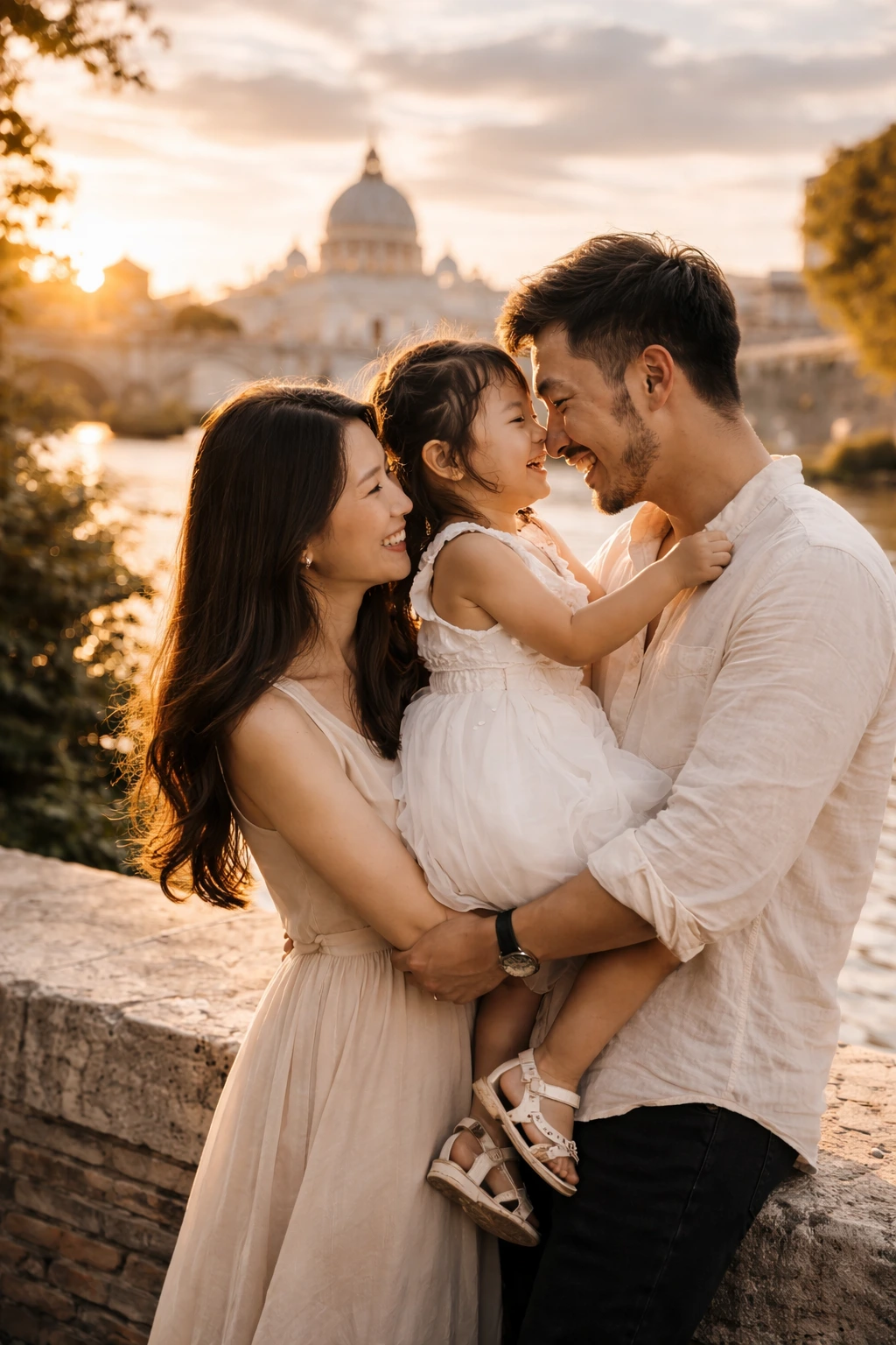 Parents holding their child beside the Tiber, with St Peter’s dome behind them