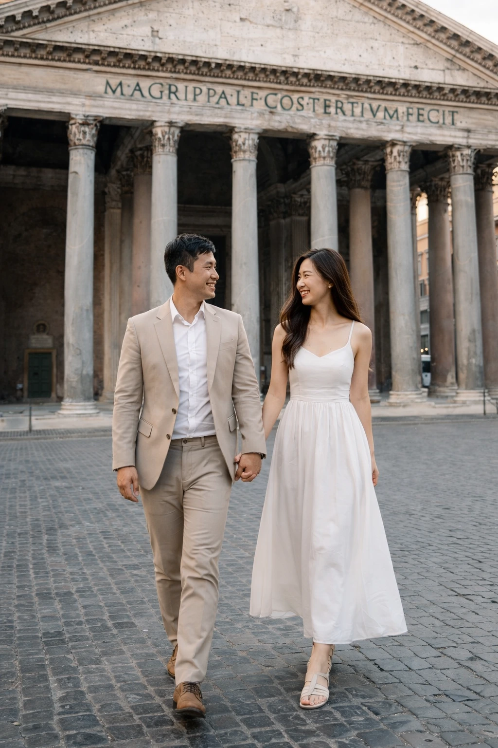 Una pareja durante una sesión de fotos en Roma, capturada con un estilo natural y romántico.